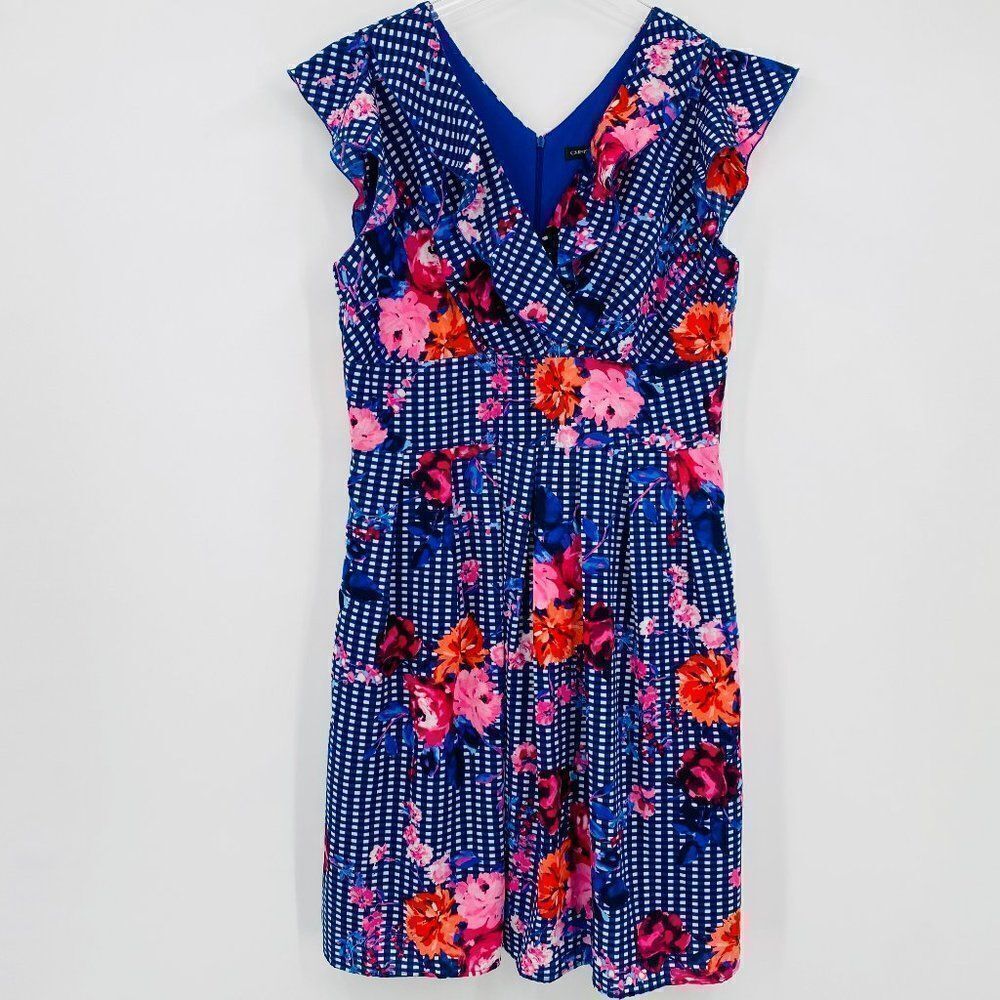 Chris McLaughlin Size 14 Navy Blue Checked Floral Flutter Sleeve Midi Dress
